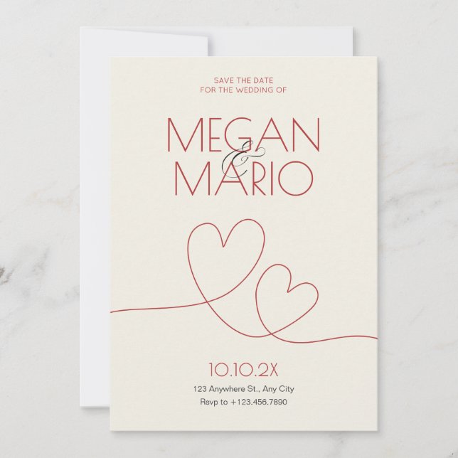 Minimalist red cream two hearts wedding  invitation (Front)