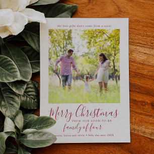 Minimalist Red Family of Four Pregnancy Photo Holiday Card