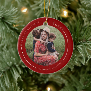 Minimalist Red Family Photo Ceramic Ornament