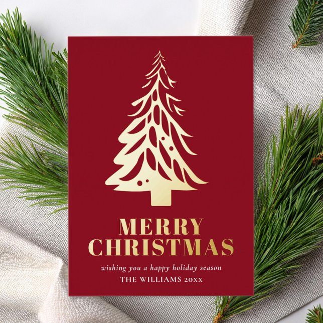 Minimalist Red Gold Tree Merry Christmas Foil Holiday Card (Creator Uploaded)