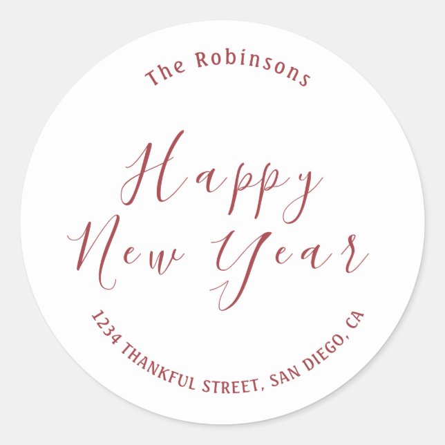 Minimalist Red Happy New Year Address Classic Round Sticker (Front)