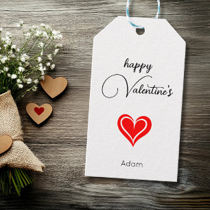 Minimalist Red Heart Happy Valentines Name Gift Tags