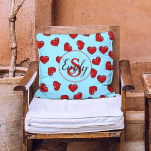 Minimalist Red Hearts Pattern on Blue Custom Name Throw Pillow