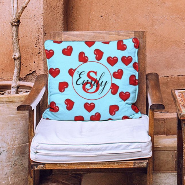 Minimalist Red Hearts Pattern on Blue Custom Name Throw Pillow (Creator Uploaded)
