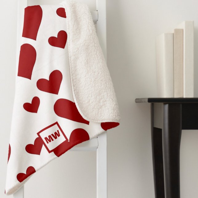 Minimalist, red hearts, white background monogram sherpa blanket (Creator Uploaded)