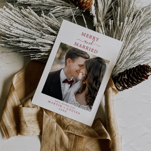 Minimalist Red Merry and Married Newlywed Photo Holiday Card