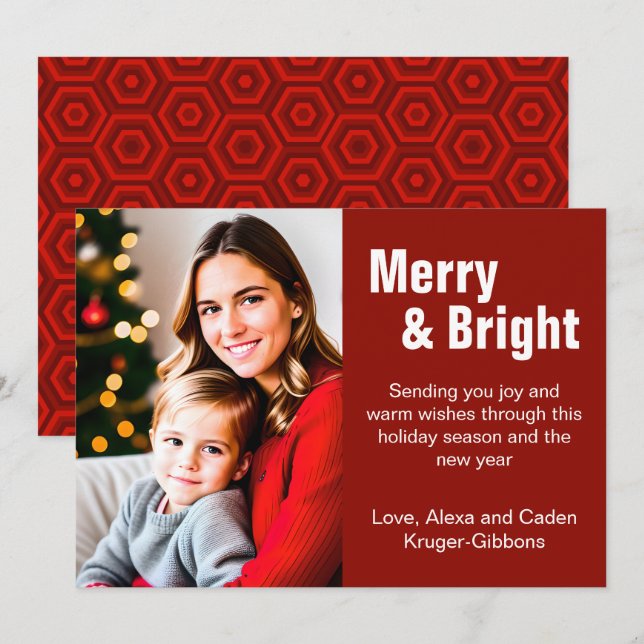 Minimalist Red "Merry & Bright" Photo Holiday Card (Front/Back)