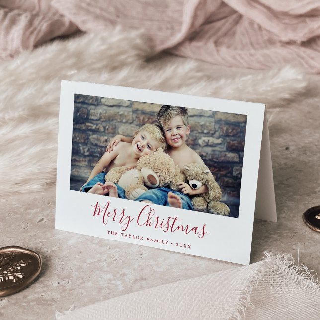 Minimalist Red Merry Christmas Landscape Photo Holiday Card (Creator Uploaded)