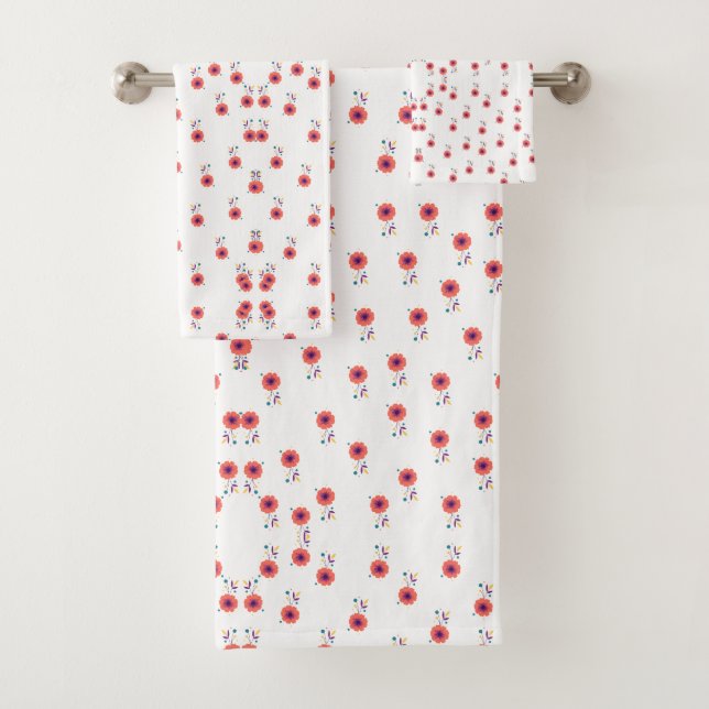 Minimalist Red & Navy Scandi Floral Pattern Bath Towel Set (Insitu)