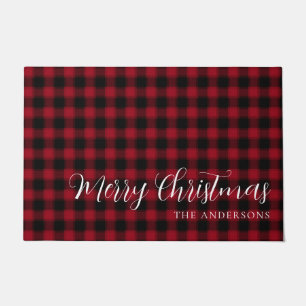 Minimalist Red Plaid Pattern Merry Christmas Doormat