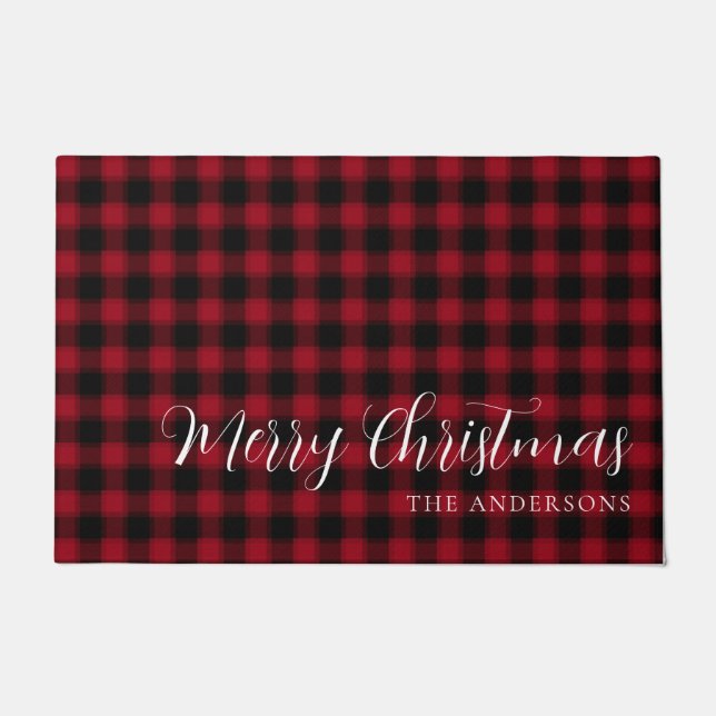 Minimalist Red Plaid Pattern Merry Christmas Doormat (Front)