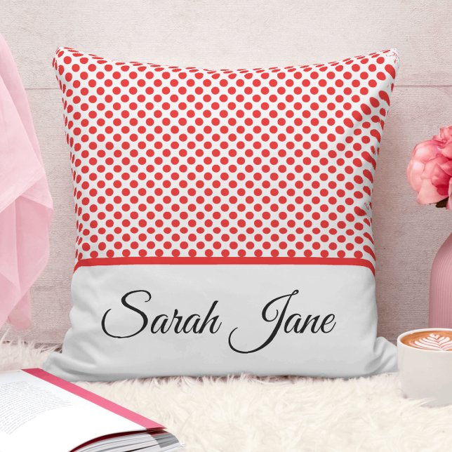 Minimalist Red Polka dots script custom Throw Pillow (Creator Uploaded)