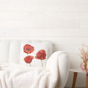 Minimalist Red Poppy Flowers Botanical Watercolor Throw Pillow