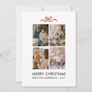 Minimalist Red Ribbon 4 Photo Merry Christmas Holiday Card
