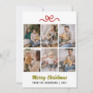 Minimalist Red Ribbon Merry Christmas Multi Photo Holiday Card