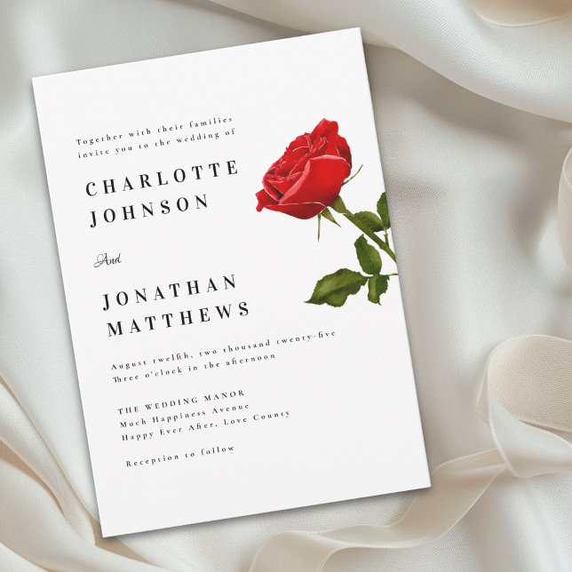 Minimalist Red Rose Elegant Modern Invitation (Romantic red rose minimal modern wedding invitation simple classic Watercolor floral)