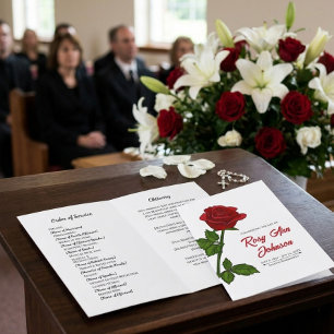 Minimalist Red Rose Funeral Program 4-Page