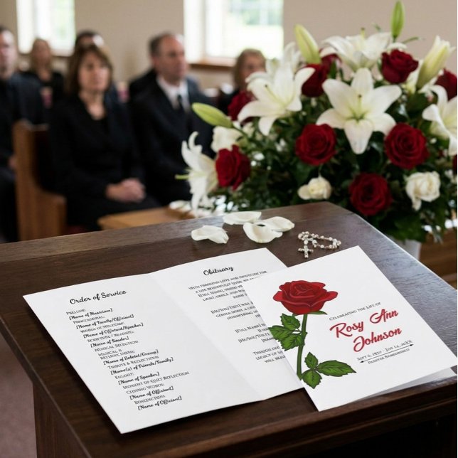 Minimalist Red Rose Funeral Program 4-Page (Creator Uploaded)