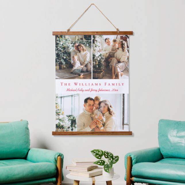 minimalist red script 3 photos collage family hanging tapestry (Living Room)