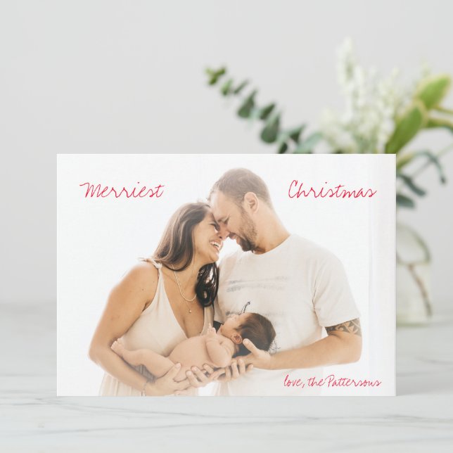 Minimalist Red Script Photo Modern Christmas Holiday Card (Standing Front)