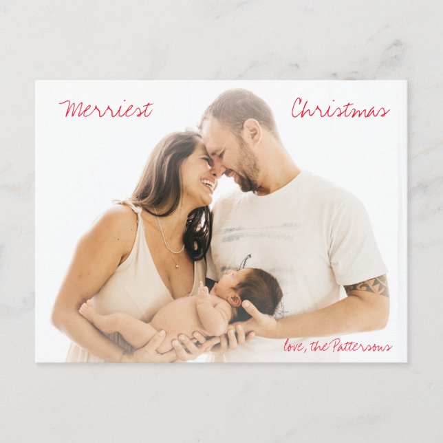 Minimalist Red Script Photo Modern Christmas Holiday Postcard (Front)