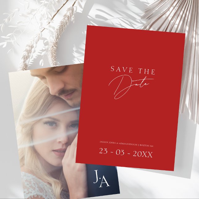 Minimalist Red Script Photo Save the Date (Minimalist Crimson Red Script Photo Wedding Save The Date)
