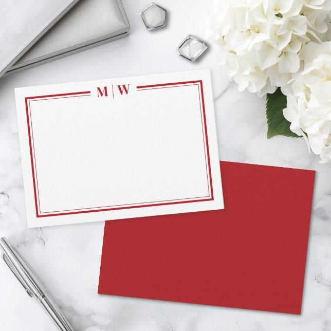 Minimalist Red Two Border Monogram Card (Minimalist Red Two Border Monogram Note Card)