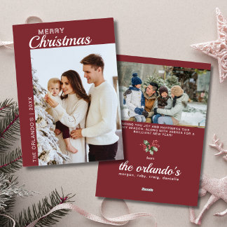 Minimalist Red White 2 Photo Merry Christmas Holiday Card