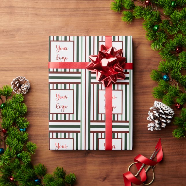 Minimalist Retail Logo Red Green Striped Christmas Wrapping Paper (Holiday Gift)