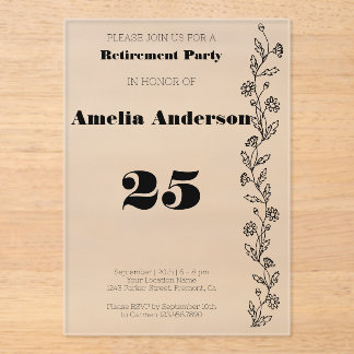 Minimalist retirement modern daisy black acrylic invitations