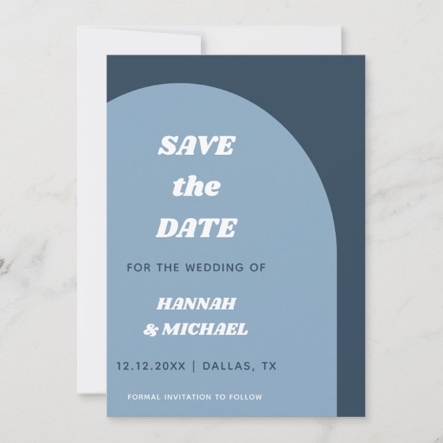 Minimalist Retro 60s Boho Dusty Blue Arch Modern Save The Date (Front)