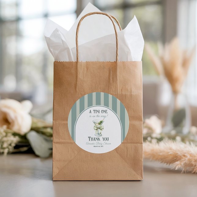 Minimalist Retro Bow Tini One Martini Baby Shower Classic Round Sticker (Creator Uploaded)