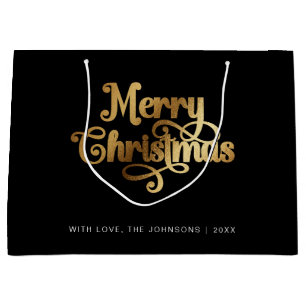 Minimalist Retro Chic Black Gold Merry Christmas Large Gift Bag