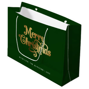 Minimalist Retro Chic Green Gold Merry Christmas Large Gift Bag