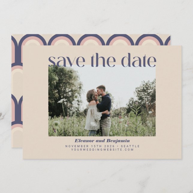 Minimalist Retro Geometric Blush Blue Photo Modern Save The Date (Front/Back)