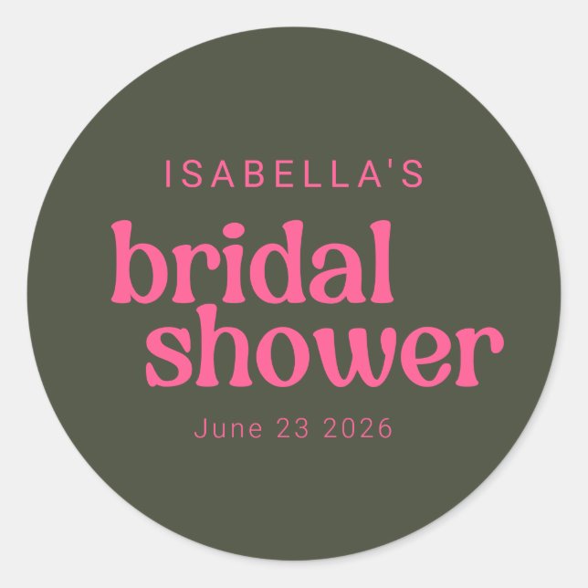 Minimalist Retro Groovy Pink Green Bridal Shower Classic Round Sticker (Front)