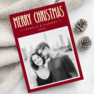 Minimalist retro Merry Christmas deep red Foil Holiday Card