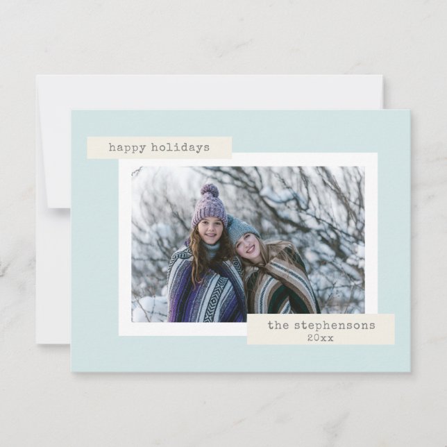 Minimalist Retro Pastel Blue Custom Photo Holiday Card (Front)