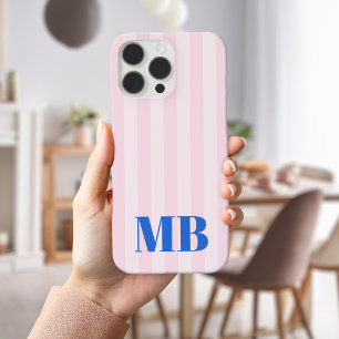 Minimalist Retro Pink Blue Striped Monogram iPhone 16 Pro Max Case