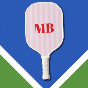 Minimalist Retro Pink Red Striped Monogram Pickleball Paddle