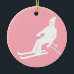 Minimalist Retro Skier Winter Pink White    Ceramic Ornament<br><div class="desc">Cool winter themed skier pattern design. Alpine skier skiing in vintage retro ski suit. Wonderful winter sport fun gift for a skier in your circle of friends,  co-workers or family. Whimsical skiers artwork illustration design. Skiers skiing ski home decor,  Ski team,  ski coach gift.</div>