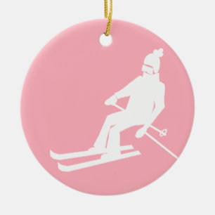 Minimalist Retro Skier Winter Pink White    Ceramic Ornament