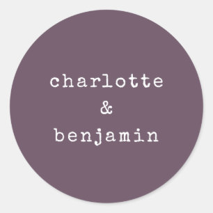 Minimalist Retro Typewriter Couple Names Purple Classic Round Sticker