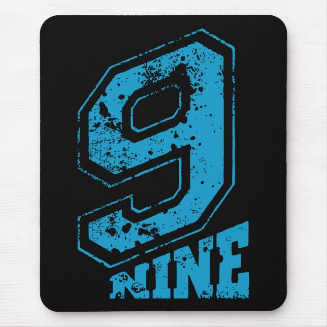 Minimalist Retro Typography Blue Number Nine Mouse Pad (Front)