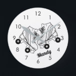 Minimalist Roller Skates Drawing Custom Name Round Clock<br><div class="desc">Minimalist Black And White Roller Skates Drawing. Two quads roller skate illustration in black and white. Simple aesthetic roller skating,  roller skates black and white modern illustration.</div>