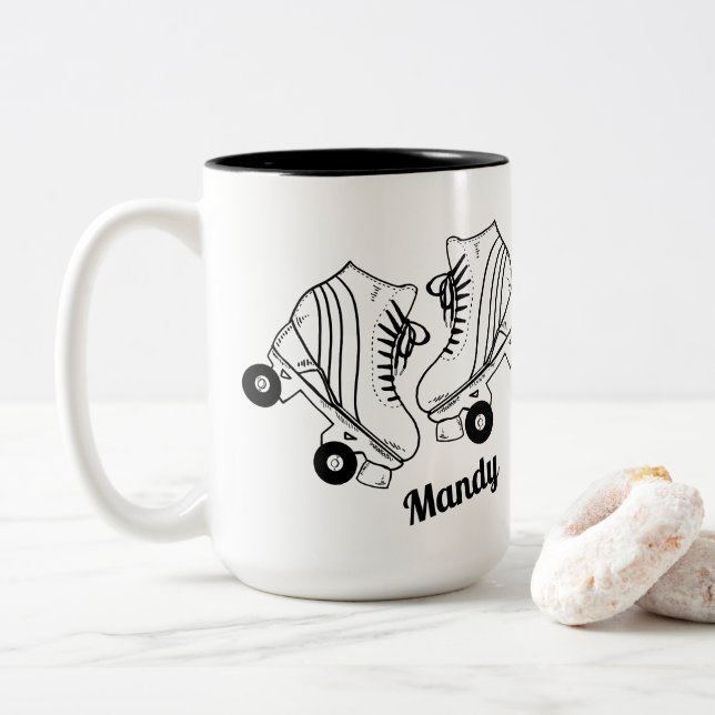 Minimalist Roller Skating Drawing Custom Name   Two-Tone Coffee Mug (With Donut)