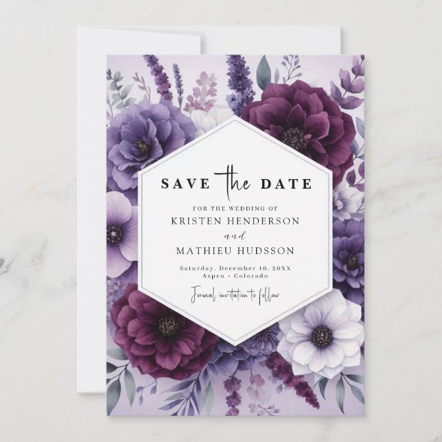Minimalist Romance Purple Floral Wedding  Save The Date (Front)