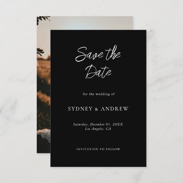 Minimalist Romantic Chic Black Photo Save The Date (Front/Back)