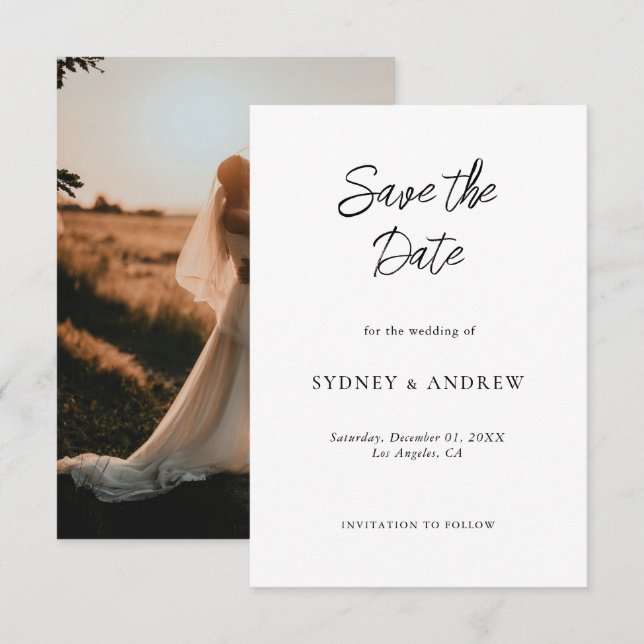 Minimalist Romantic Chic Black & White Photo Save The Date (Front/Back)