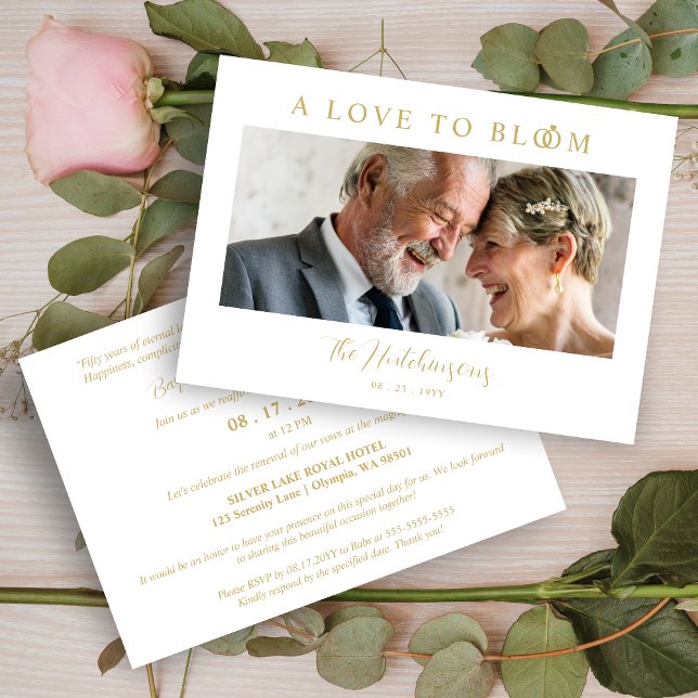Minimalist Romantic Wedding Anniversary in Gold Invitation (Minimalist Romantic Wedding Anniversary in Faux Gold Photo Invitation Card with Envelope.)